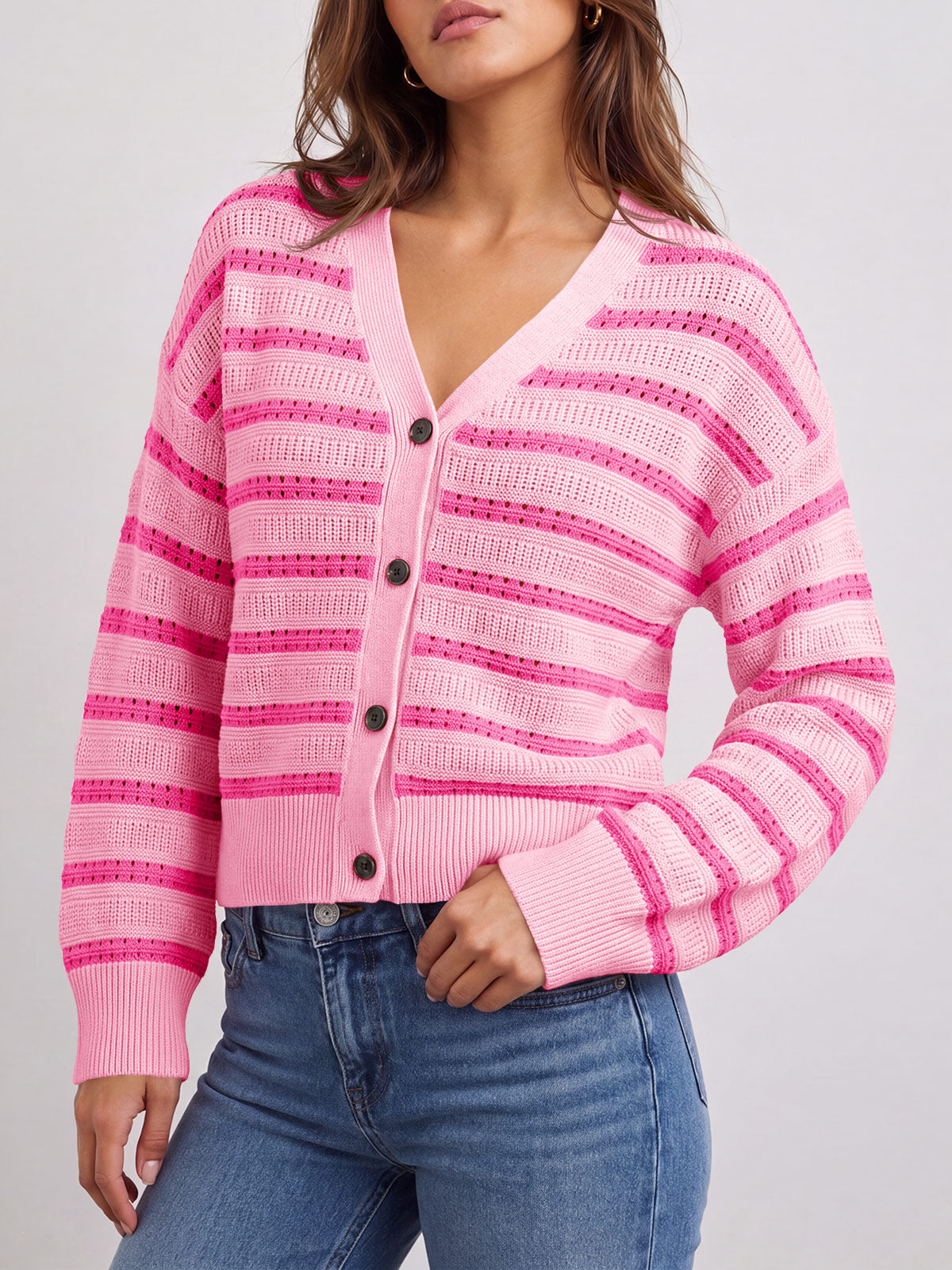 usvara Womens Striped Crochet Cardigan Tops