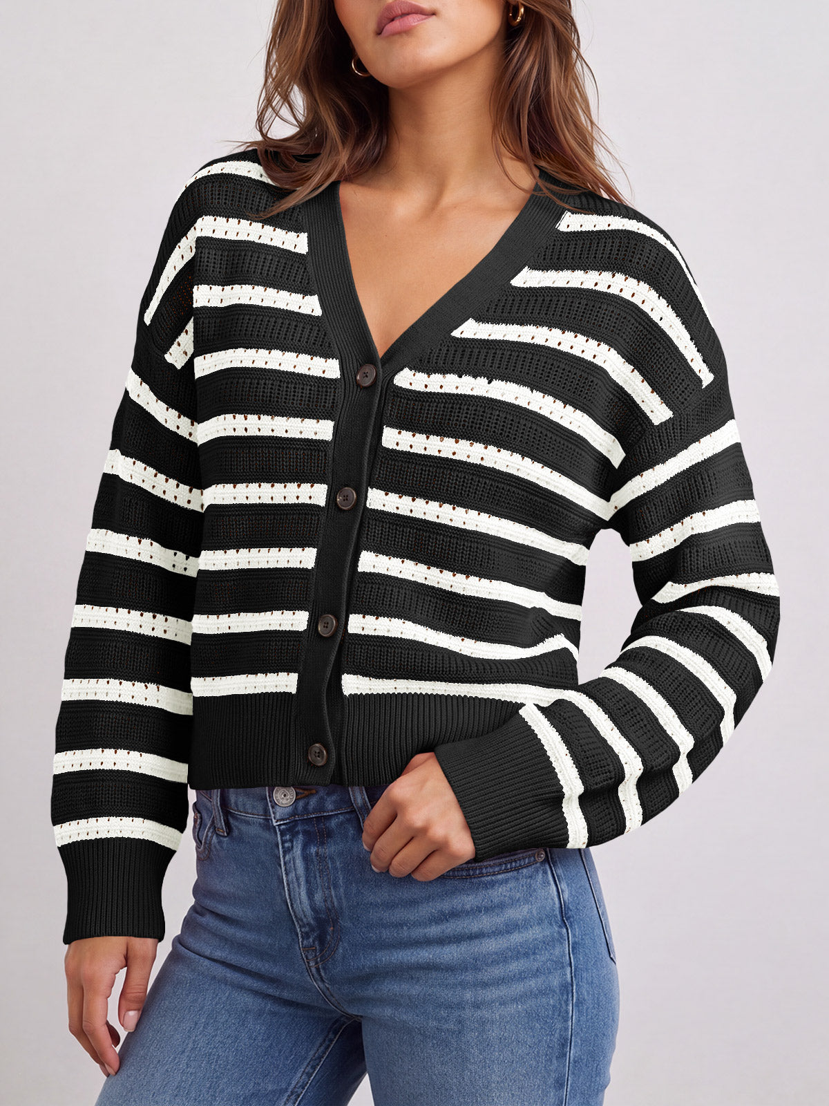 usvara Womens Striped Crochet Cardigan Tops
