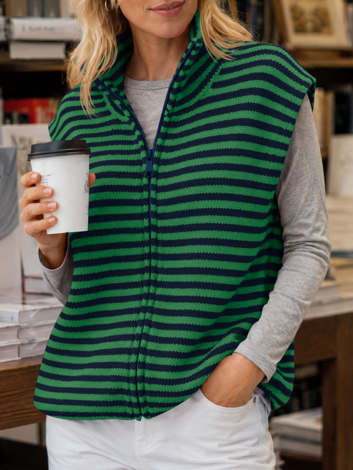 usvara Women Striped Zip Up Knit Cardigan