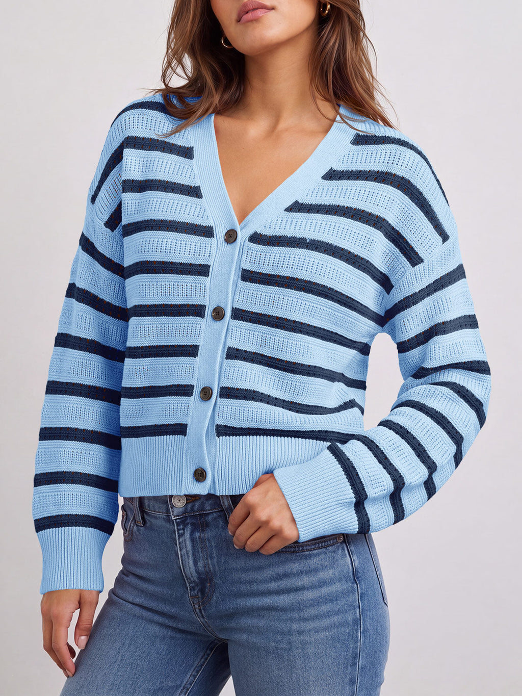 usvara Womens Striped Crochet Cardigan Tops
