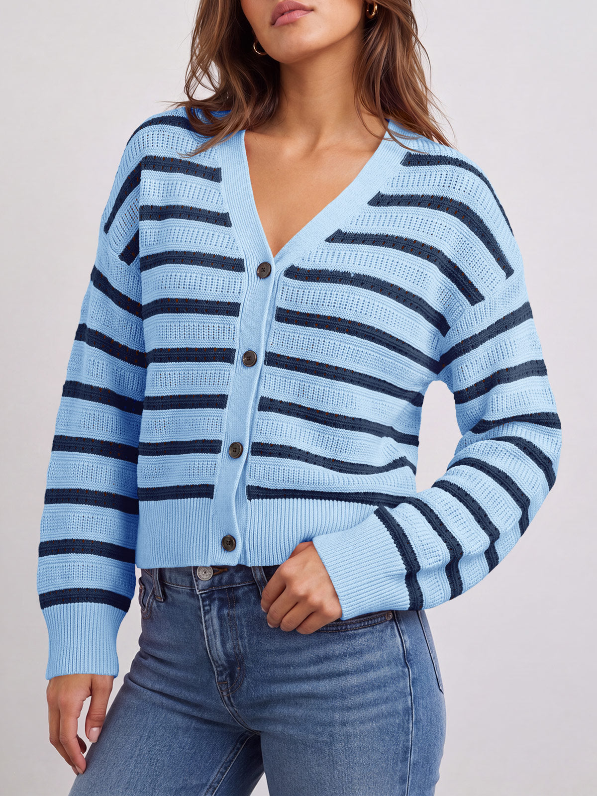 usvara Womens Striped Crochet Cardigan Tops