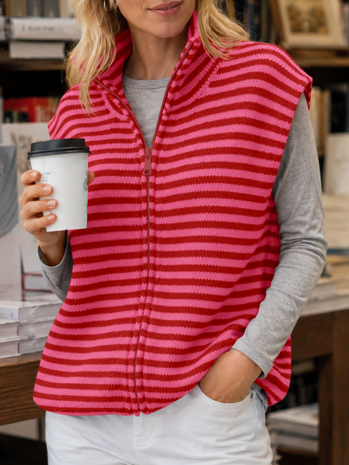 usvara Women Striped Zip Up Knit Cardigan