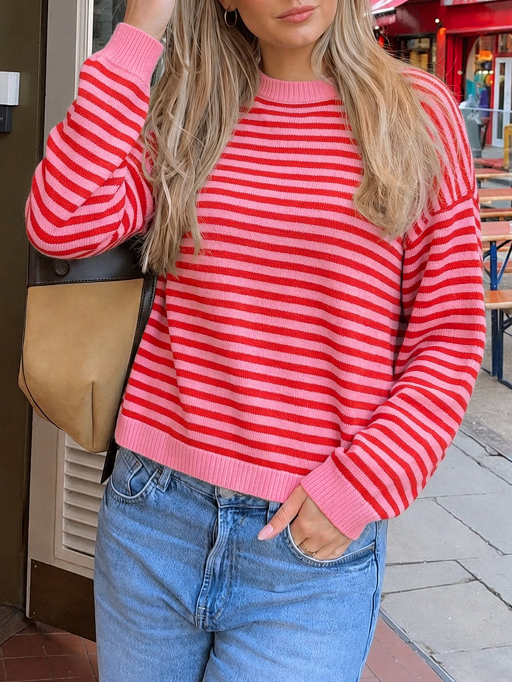 usvara Women Oversized Striped Crew Neck Pullover Sweater