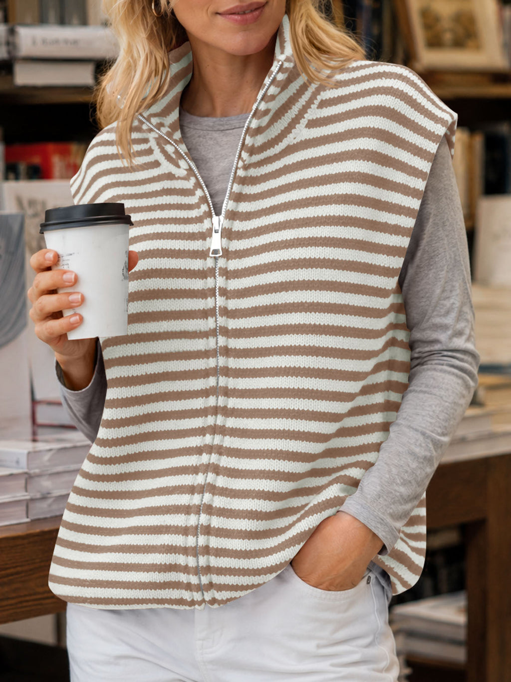 usvara Women Striped Zip Up Knit Cardigan