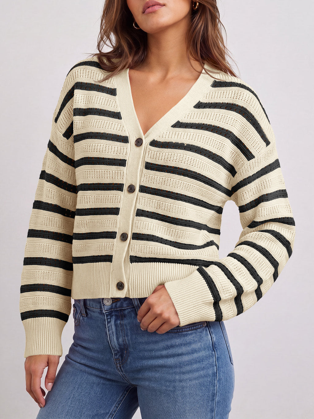 usvara Womens Striped Crochet Cardigan Tops