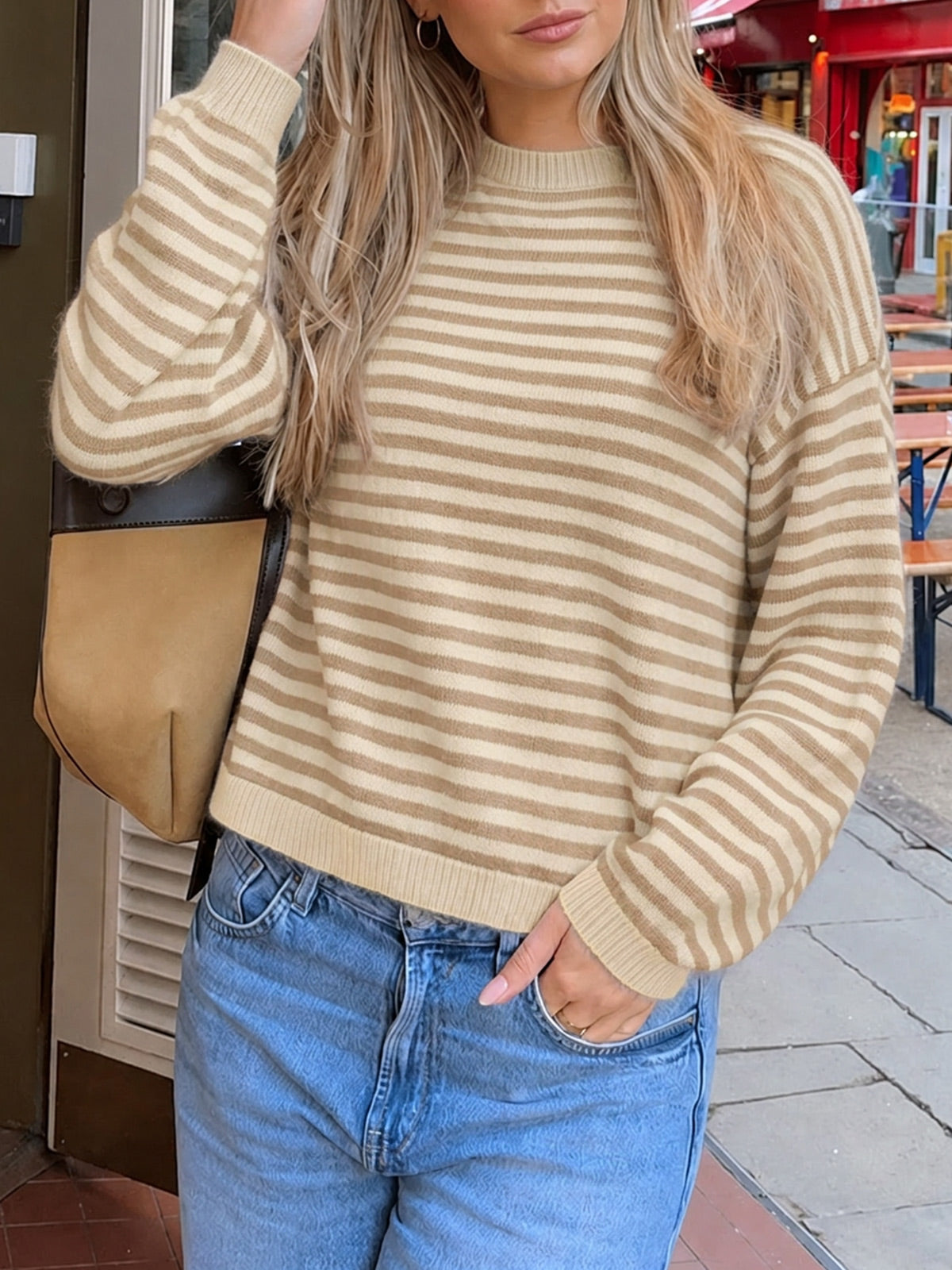 usvara Women Oversized Striped Crew Neck Pullover Sweater