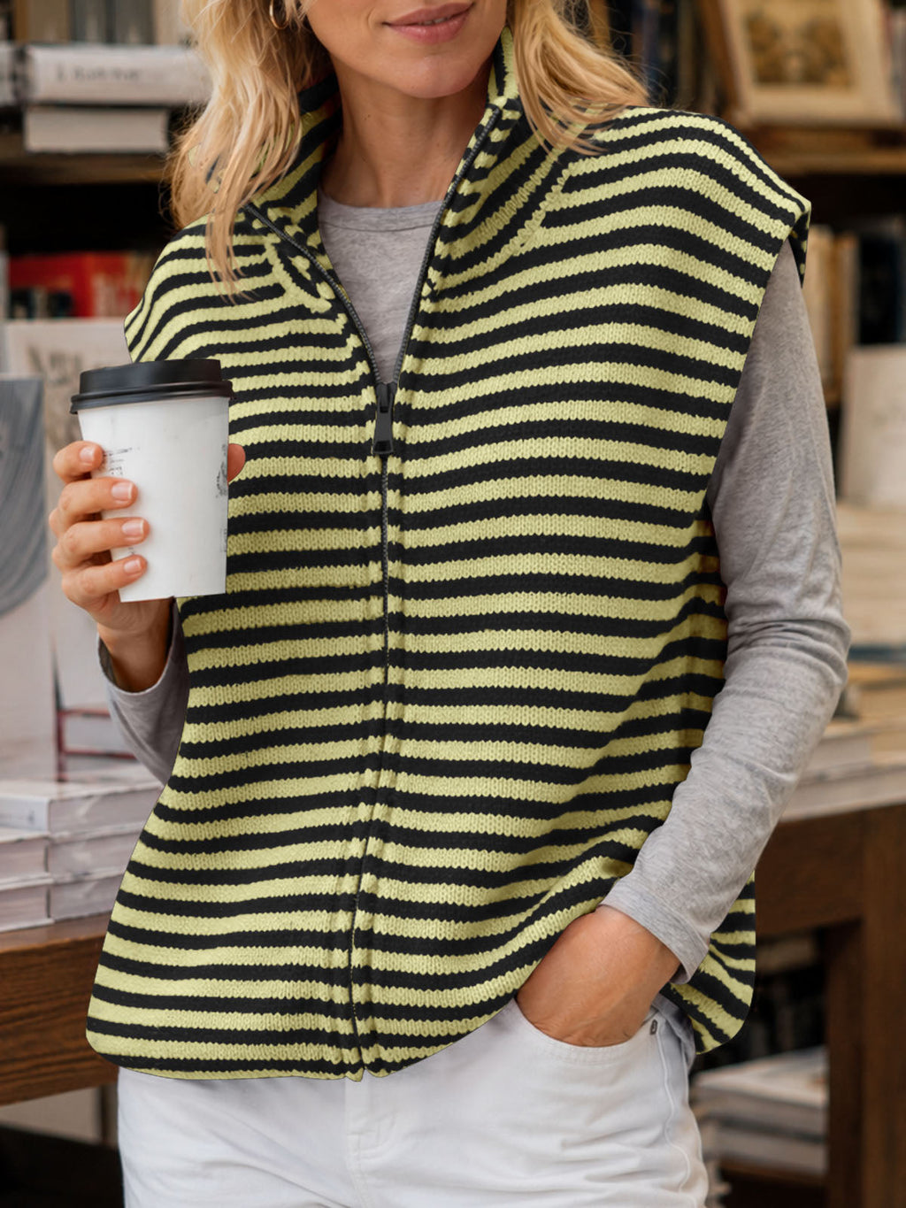 usvara Women Striped Zip Up Knit Cardigan