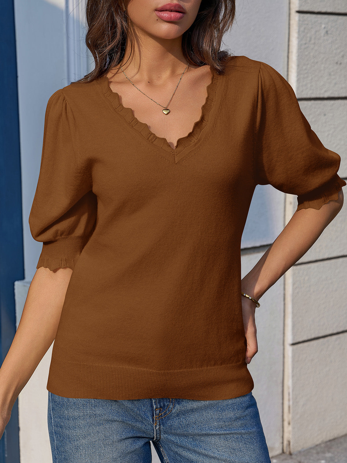 usvara Womens Puff Sleeve V Neck Knit Pullover