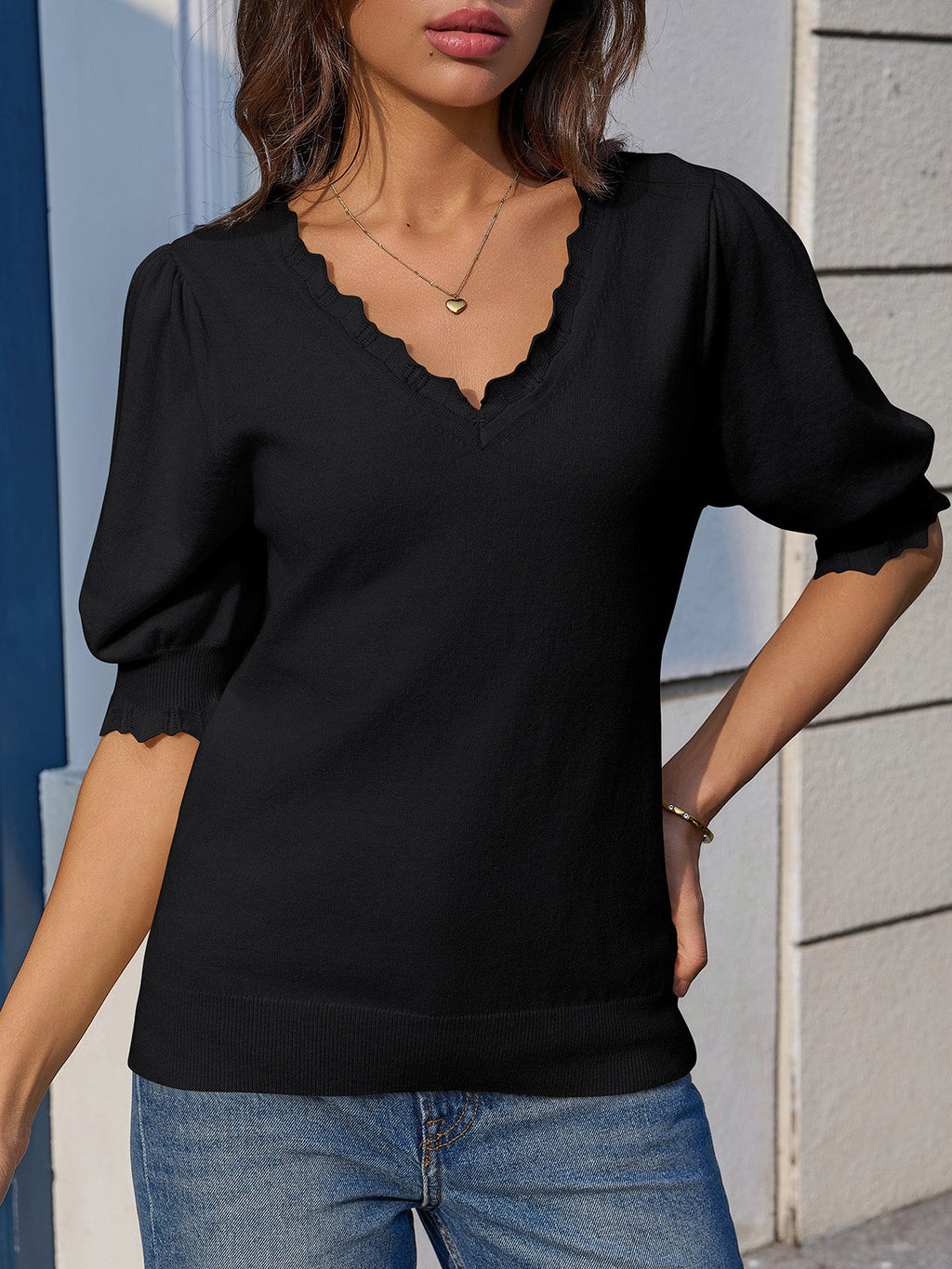 usvara Womens Puff Sleeve V Neck Knit Pullover