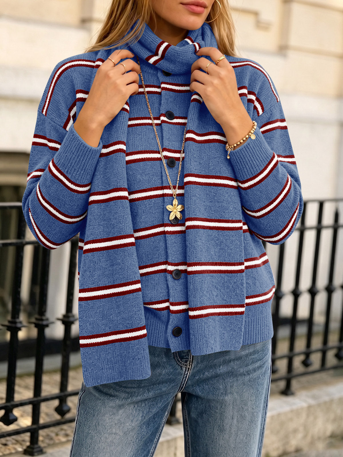 usvara Striped Knit Button Cardigan