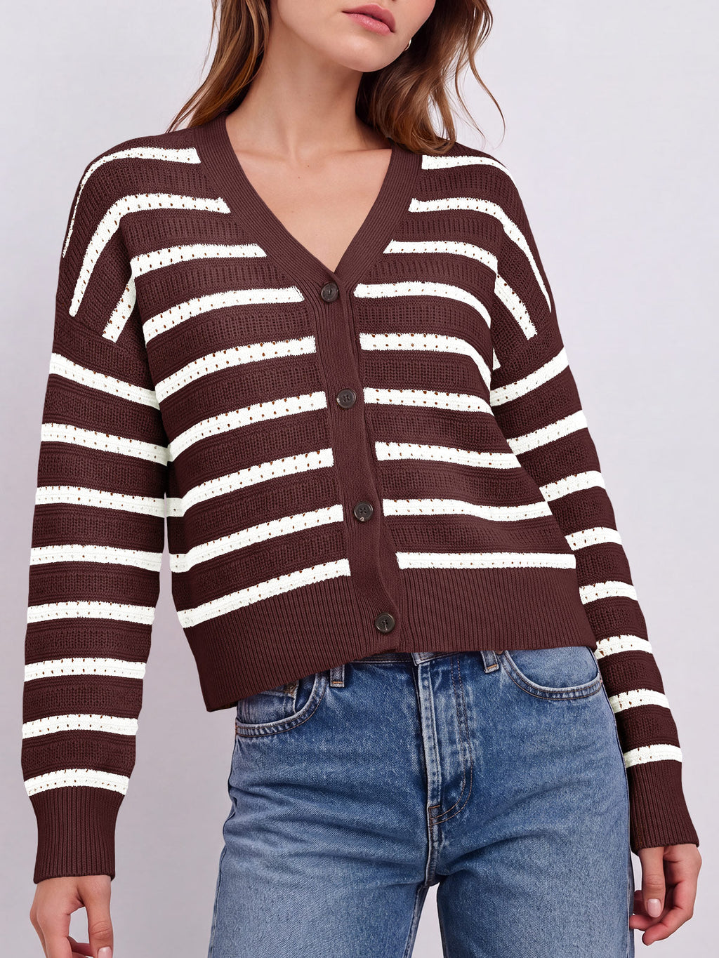 usvara Womens Striped Crochet Cardigan Tops