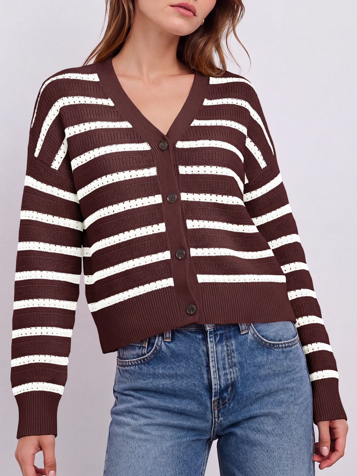 usvara Womens Striped Crochet Cardigan Tops