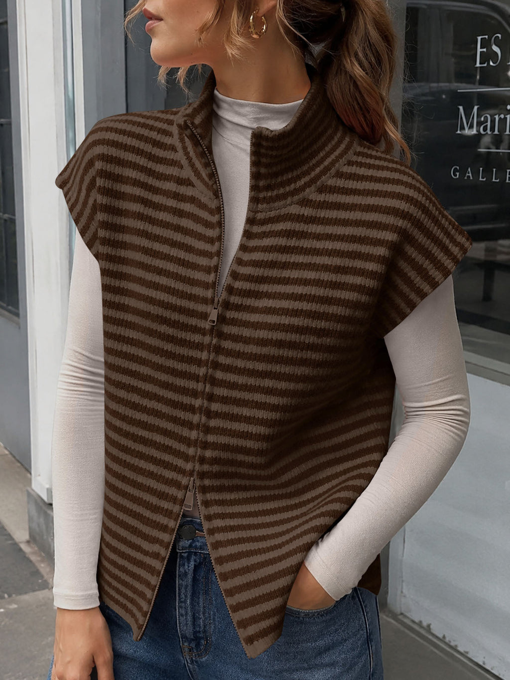 usvara Women Striped Zip Up Knit Cardigan
