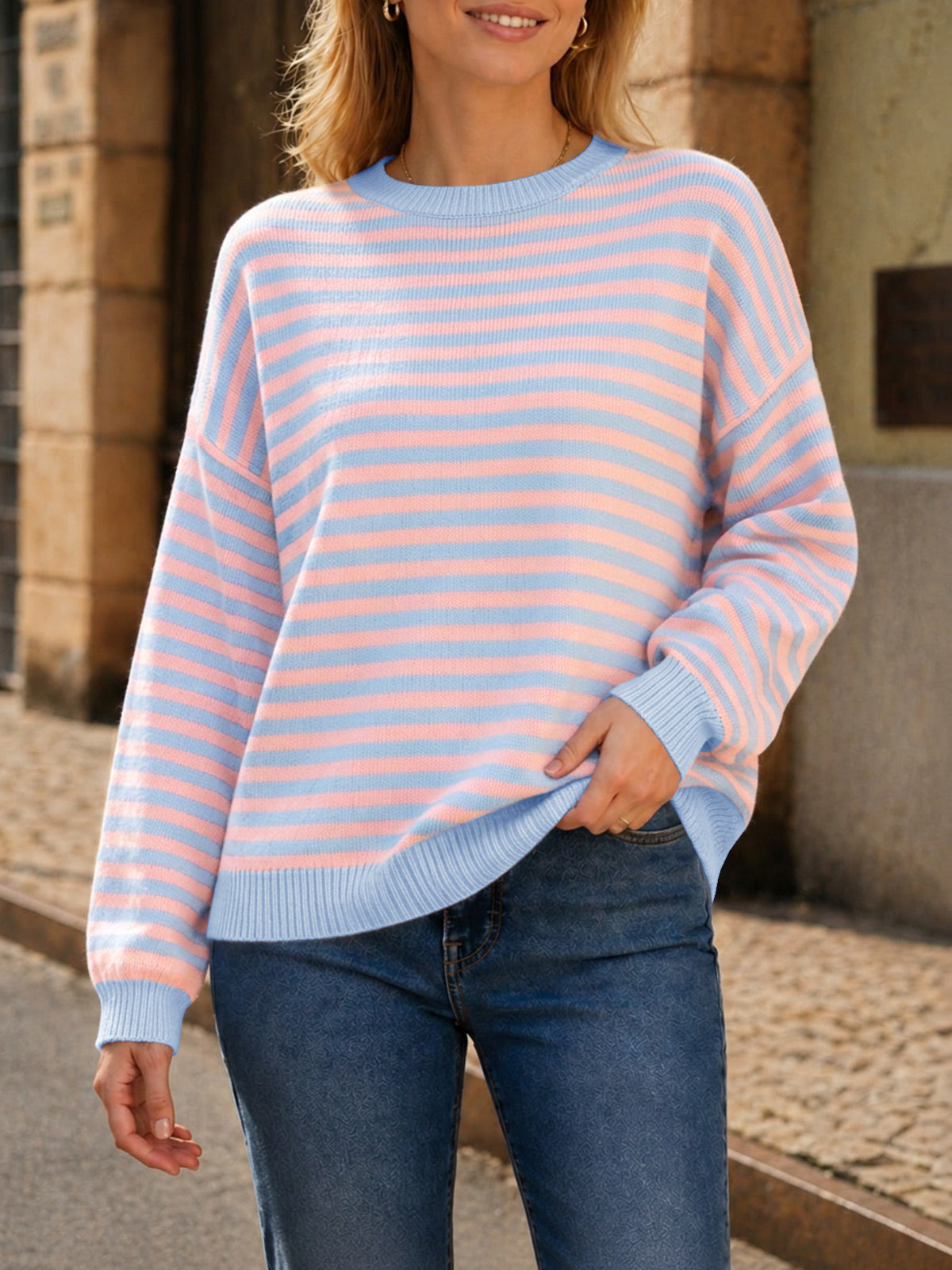 usvara Women Oversized Striped Crew Neck Pullover Sweater