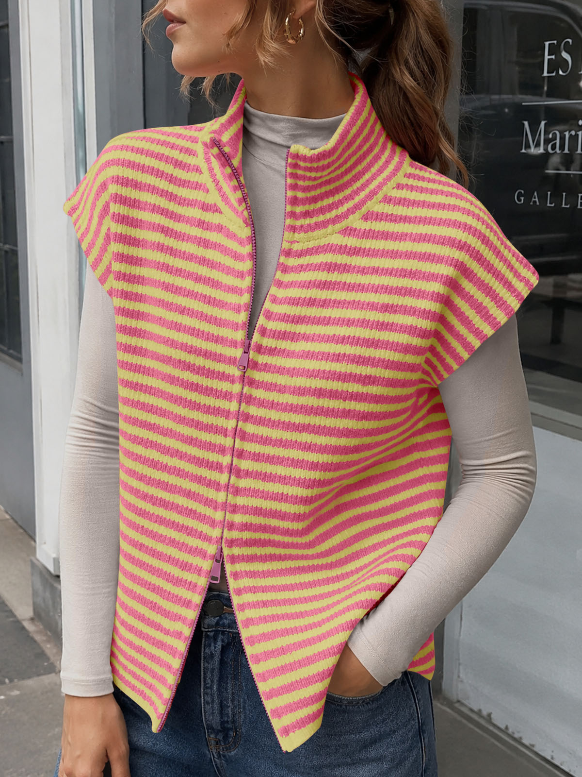 usvara Women Striped Zip Up Knit Cardigan