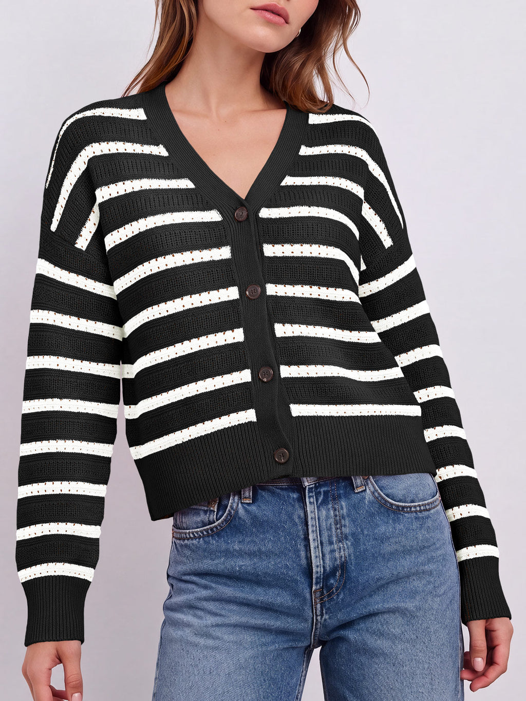 usvara Womens Striped Crochet Cardigan Tops