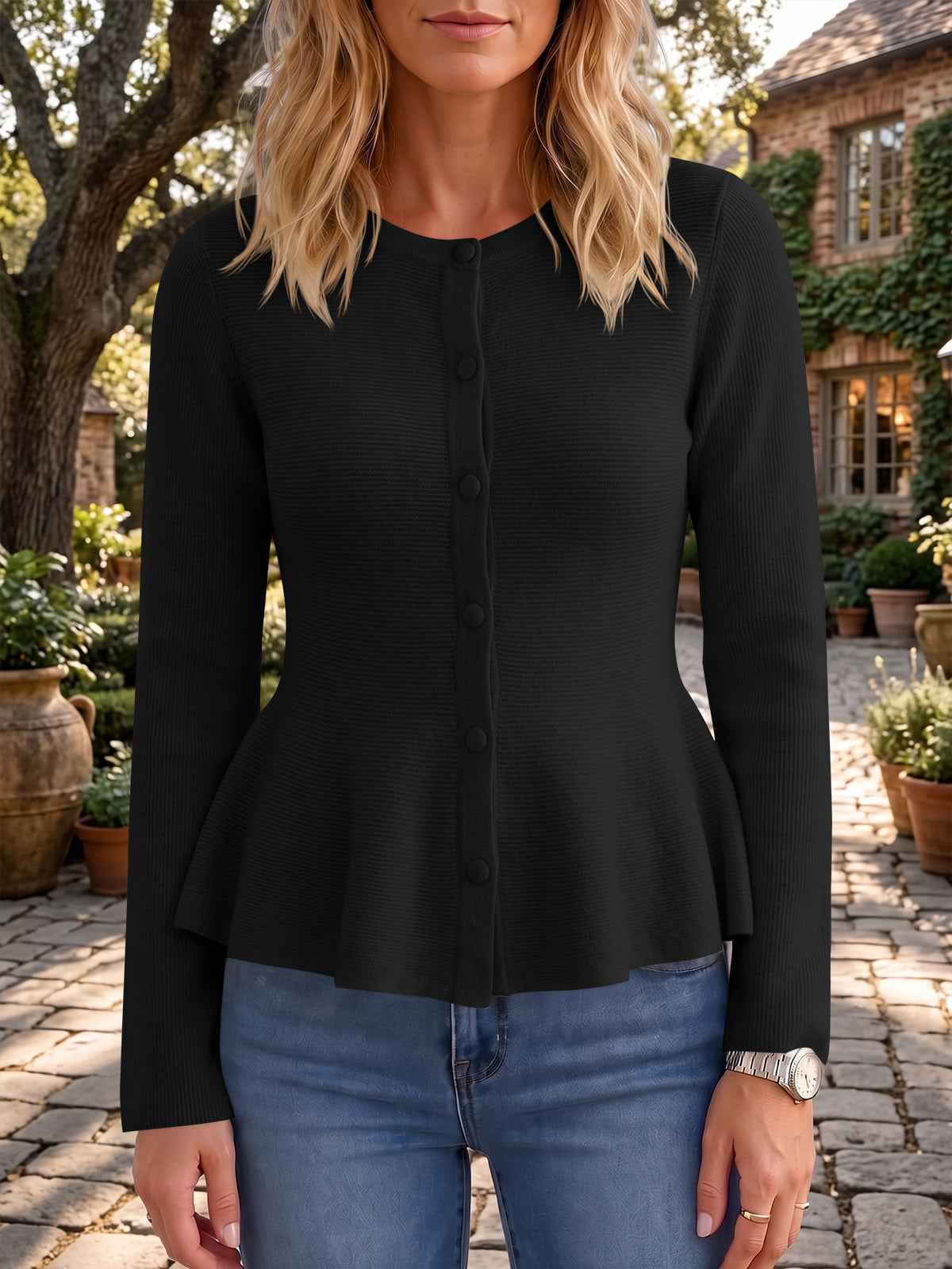 usvara Womens Ruffle Knit Cardigan Tops