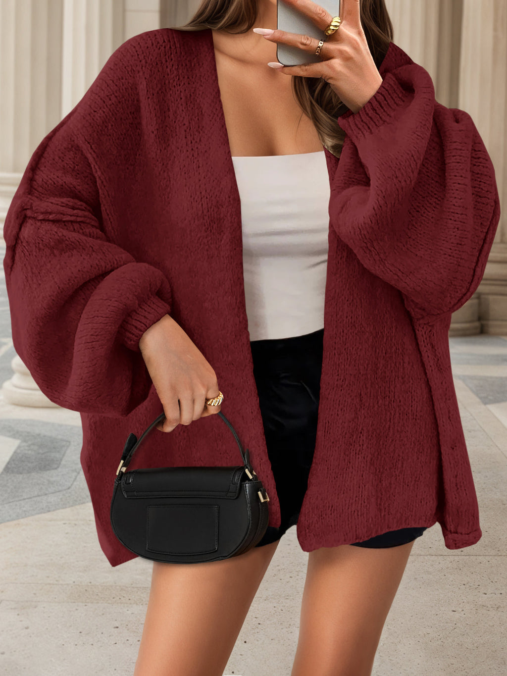 Usvara Womens Oversized Lantern Sleeve Chunky Knit Open-Front Cardigan Sweater