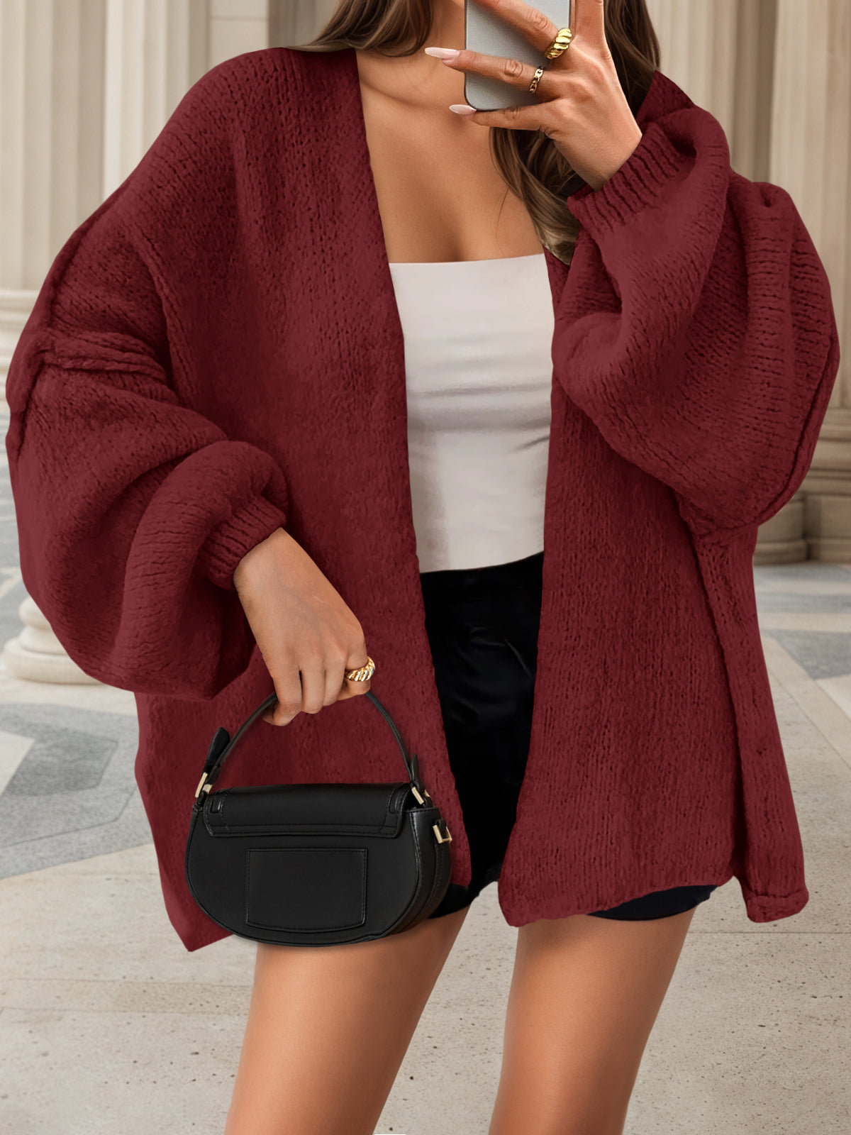 Usvara Womens Oversized Lantern Sleeve Chunky Knit Open-Front Cardigan Sweater