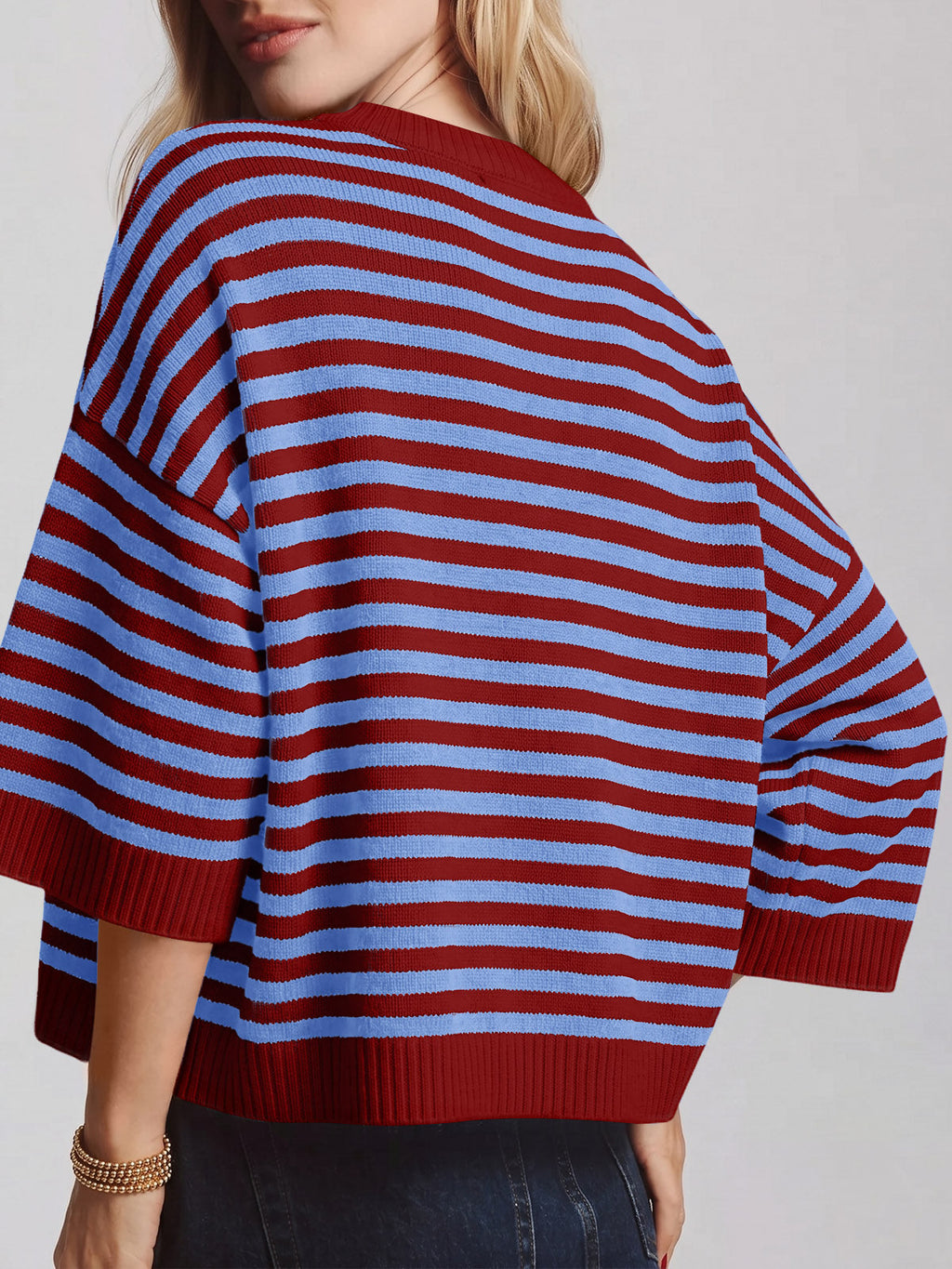 usvara Women Striped Short Sleeve Knit Top