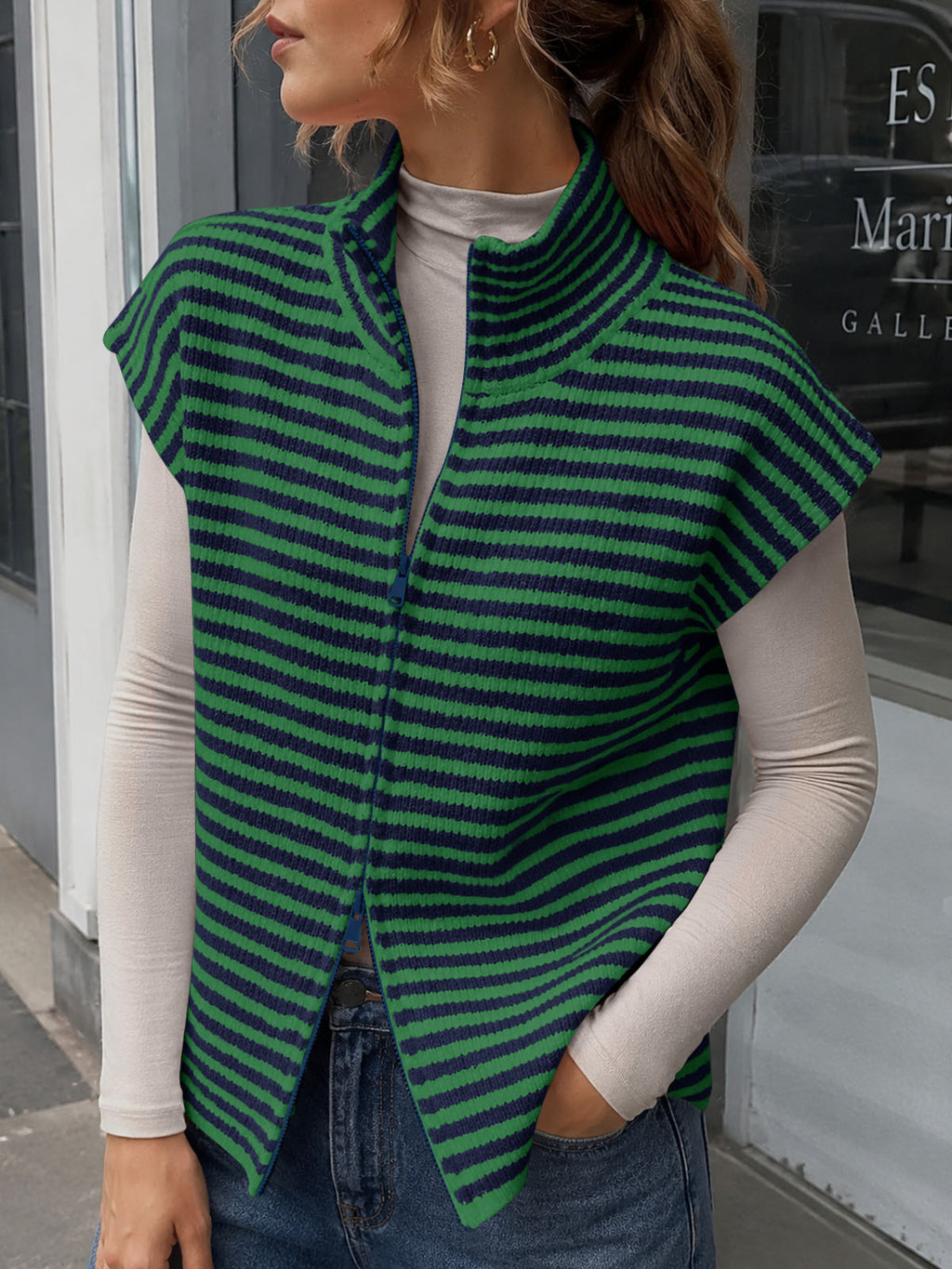 usvara Women Striped Zip Up Knit Cardigan