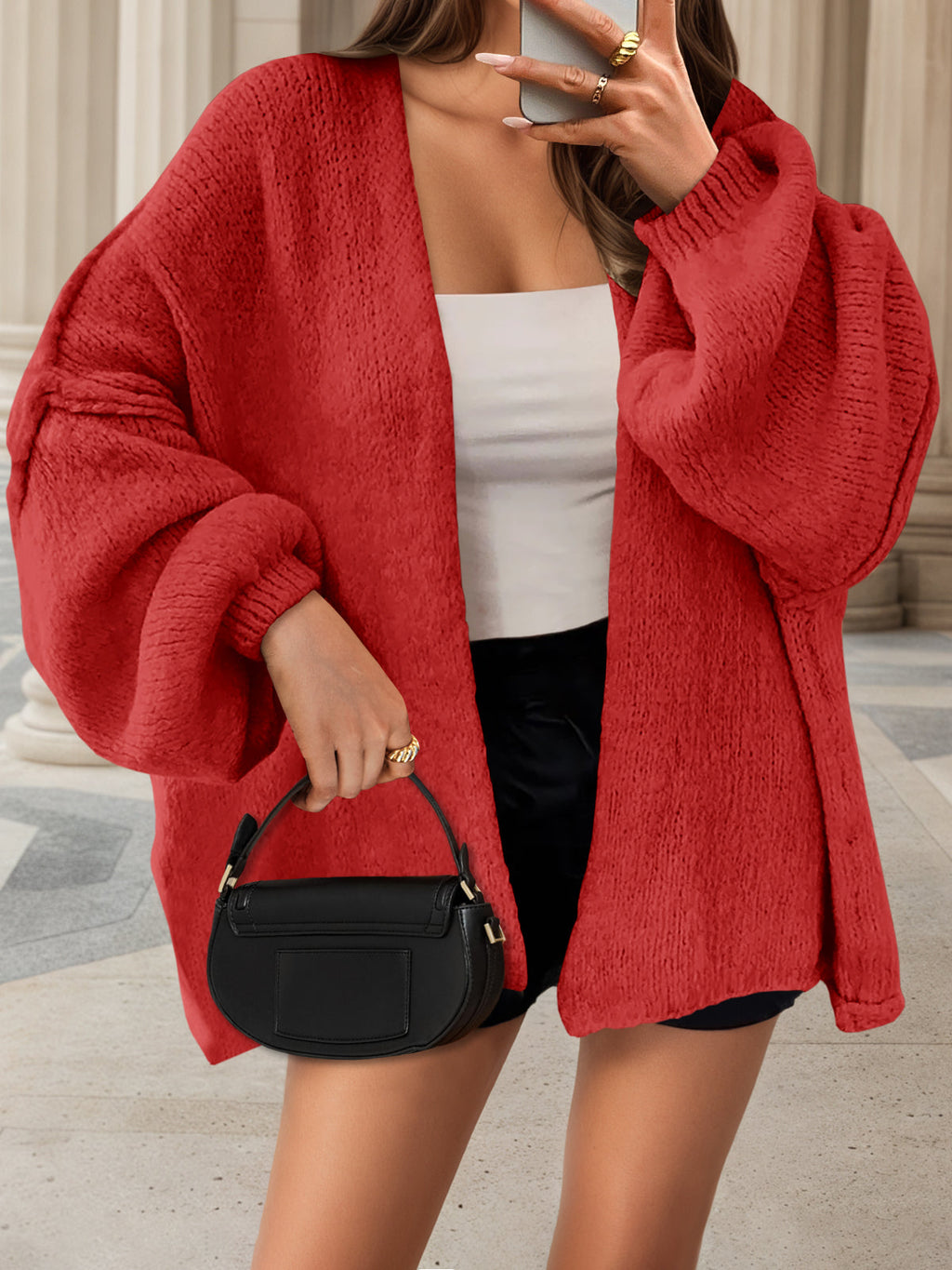 Usvara Womens Oversized Lantern Sleeve Chunky Knit Open-Front Cardigan Sweater