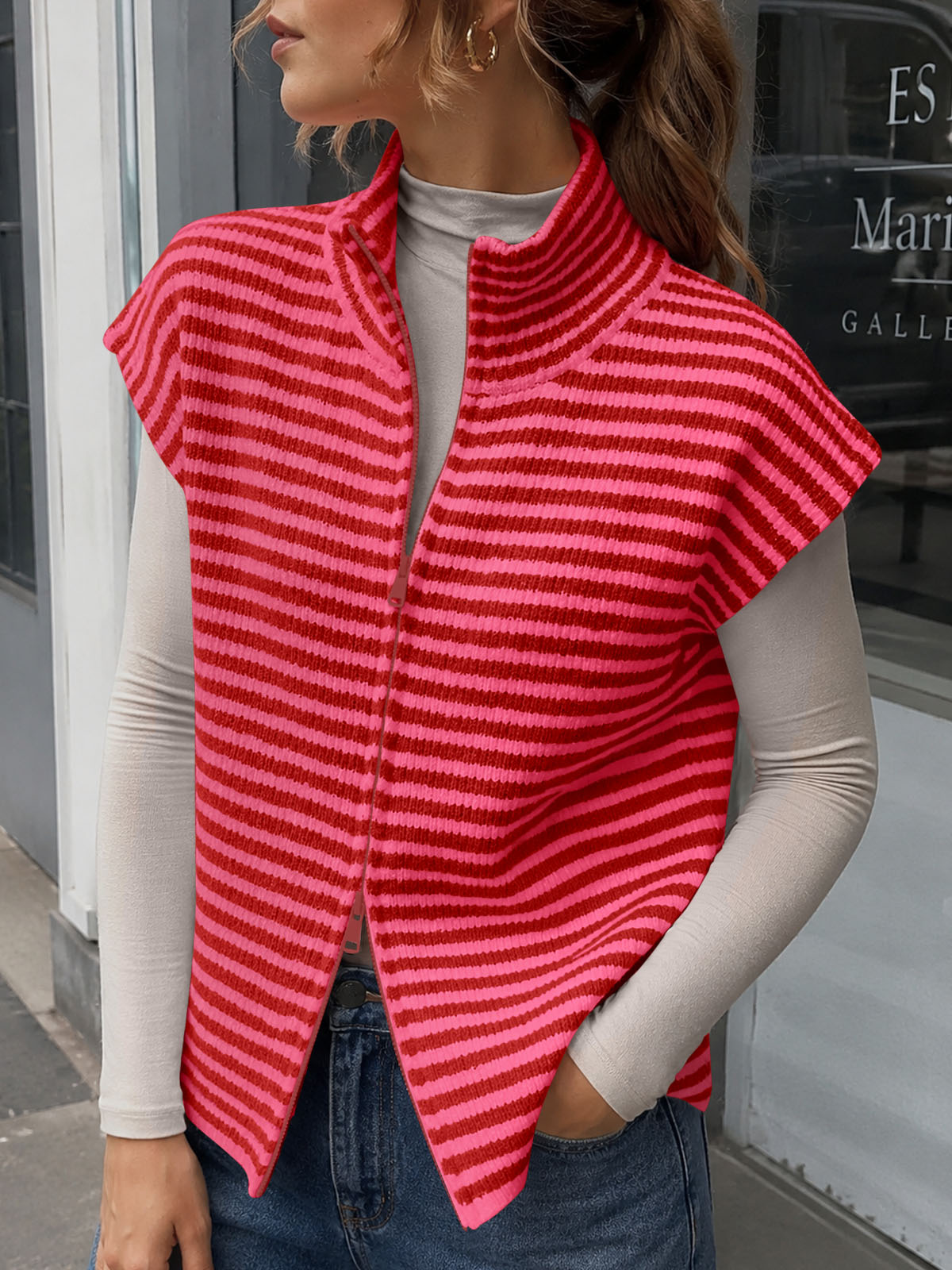 usvara Women Striped Zip Up Knit Cardigan