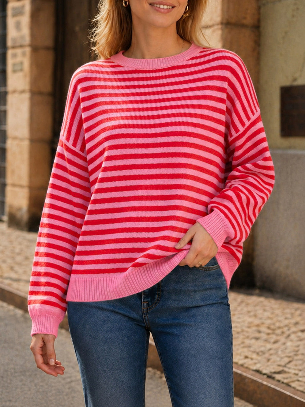 usvara Women Oversized Striped Crew Neck Pullover Sweater