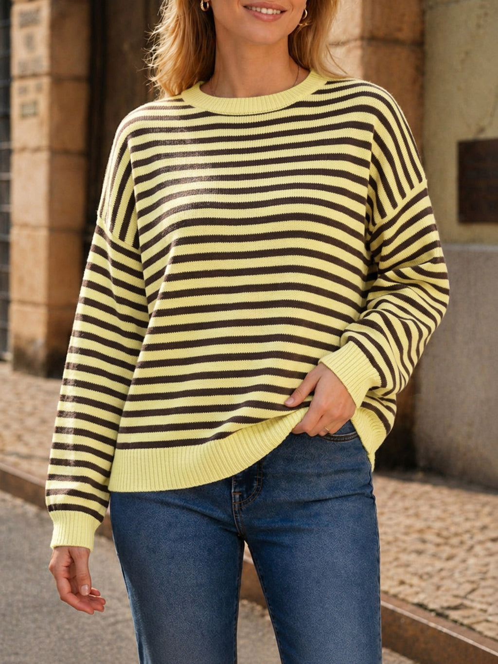 usvara Women Oversized Striped Crew Neck Pullover Sweater