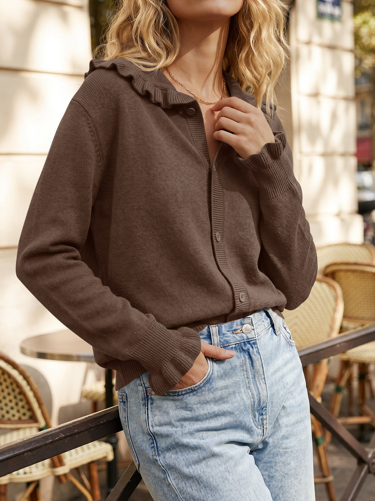 usvara Womens Ruffle Knit Cardigan