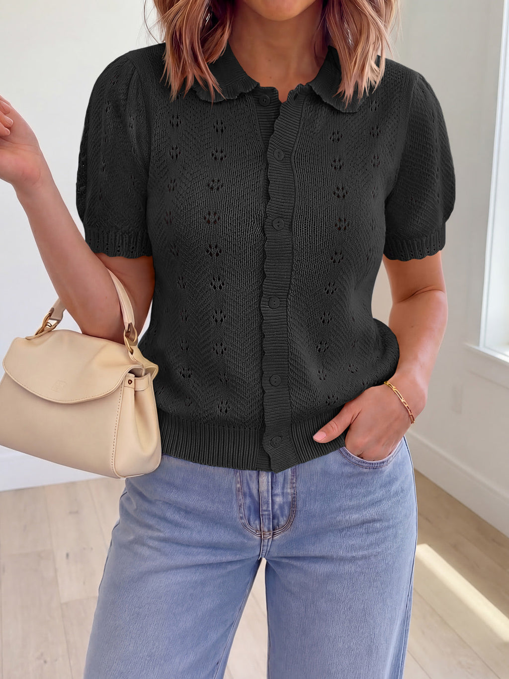 usvara Women Crochet Puff Sleeve Cardigan