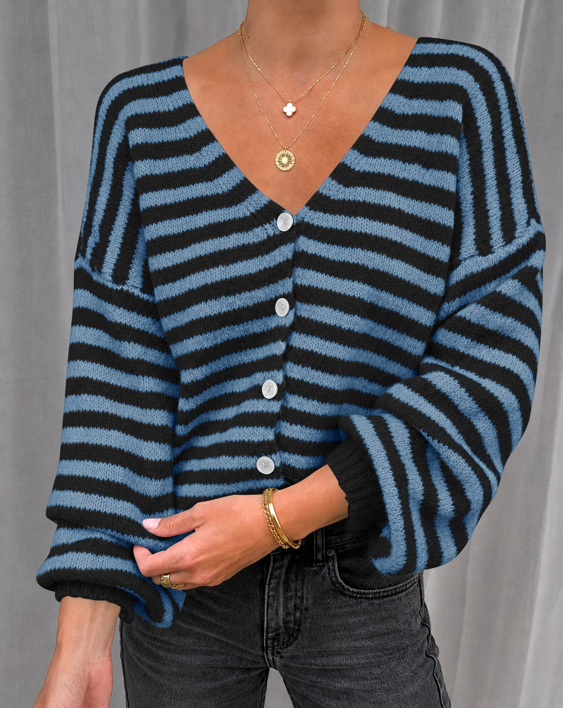 usvara Women Striped V-Neck Knit Cardigan Sweater