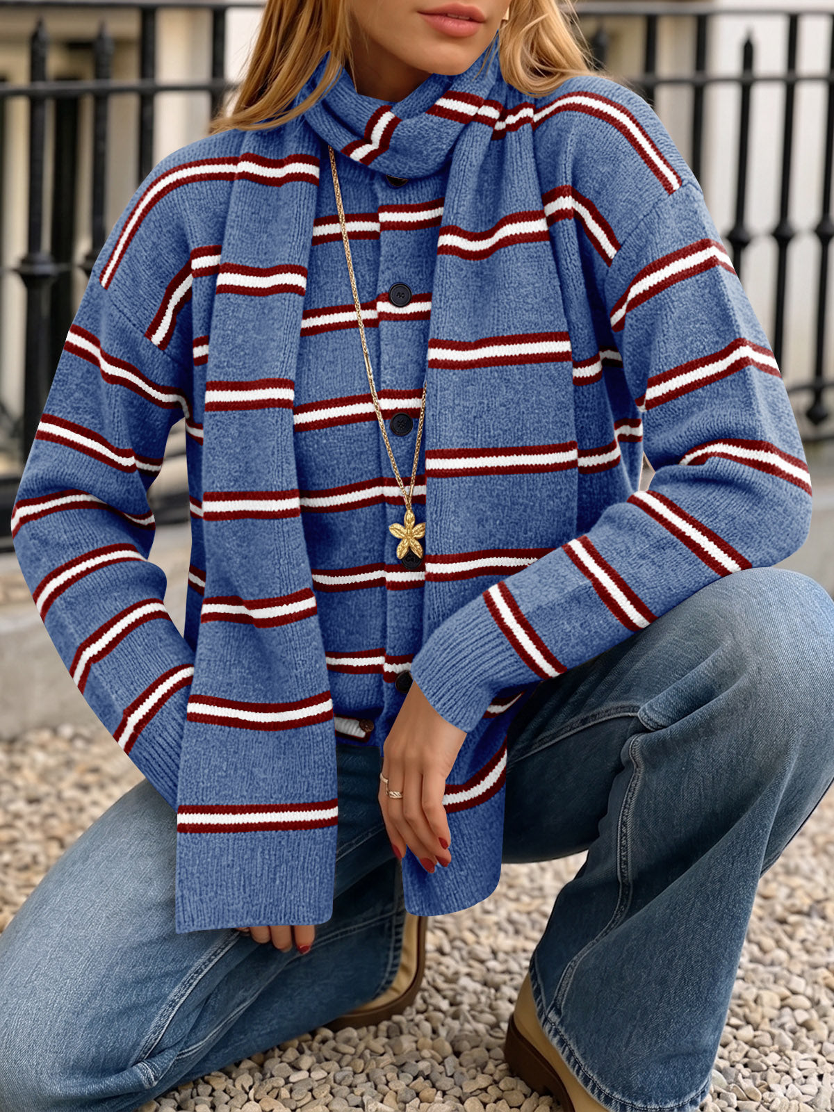 usvara Striped Knit Button Cardigan