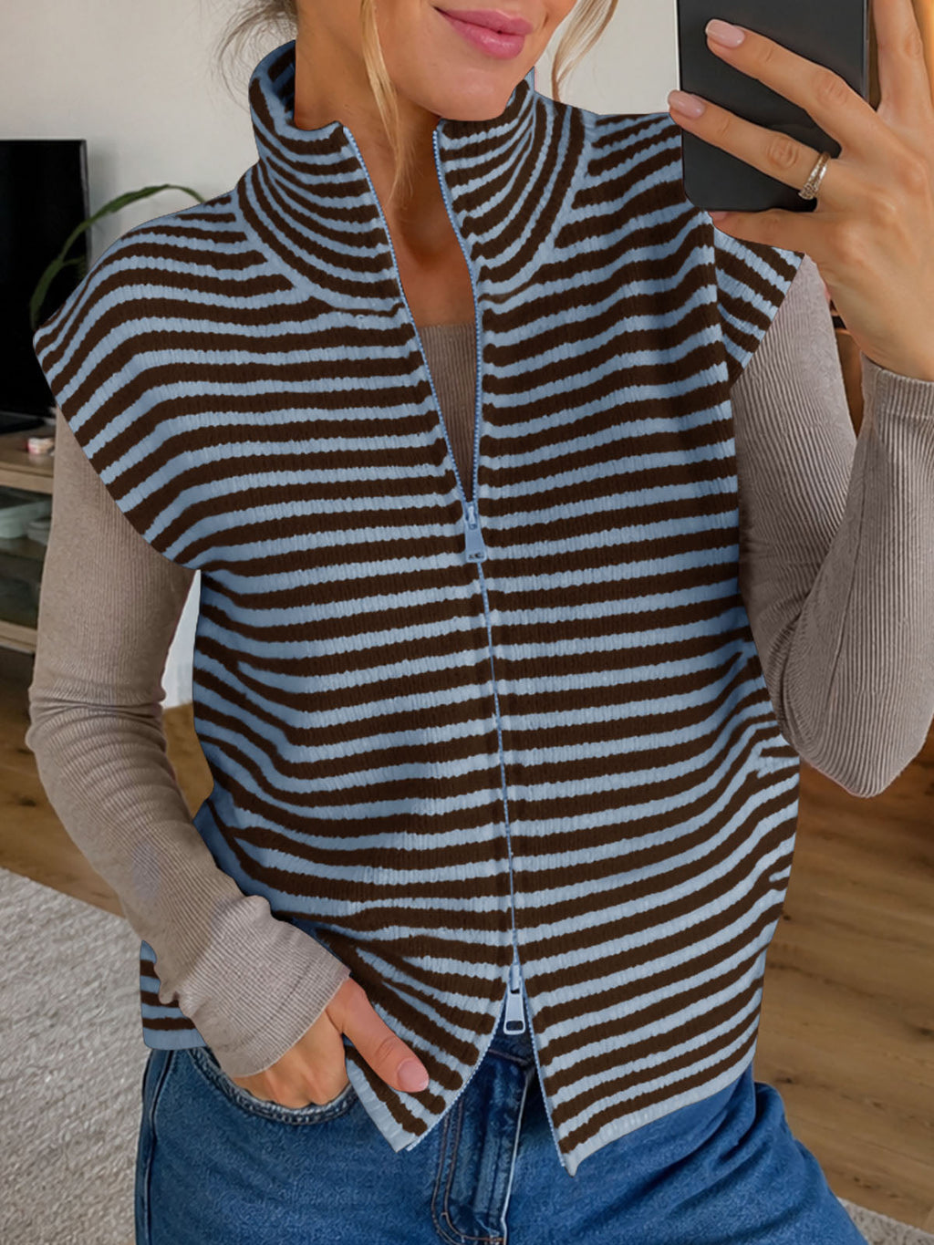 usvara Women Striped Zip Up Knit Cardigan