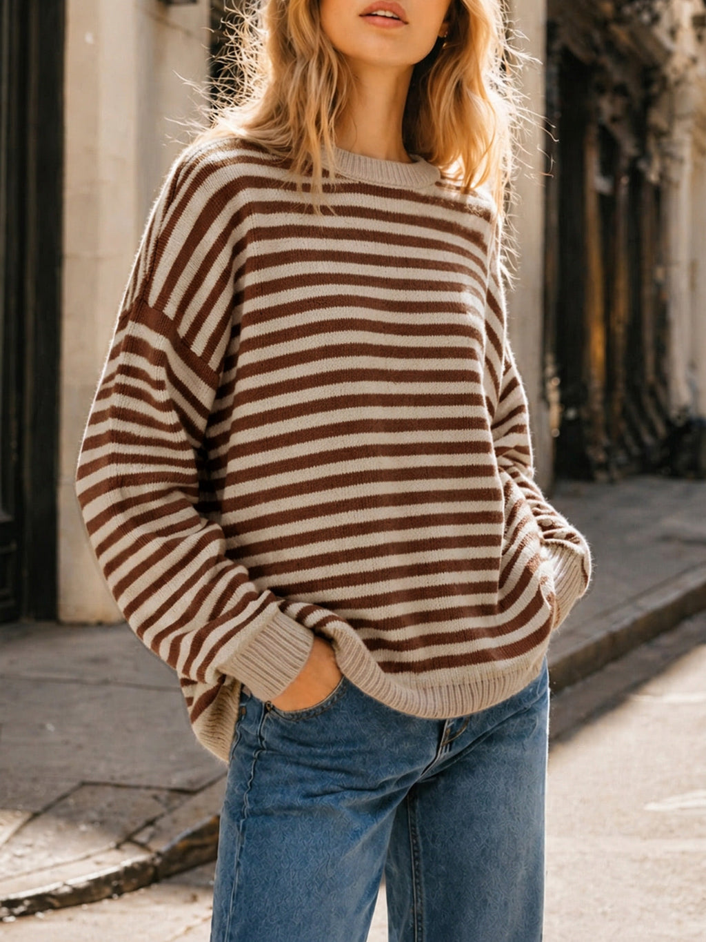 usvara Women Oversized Striped Crew Neck Pullover Sweater