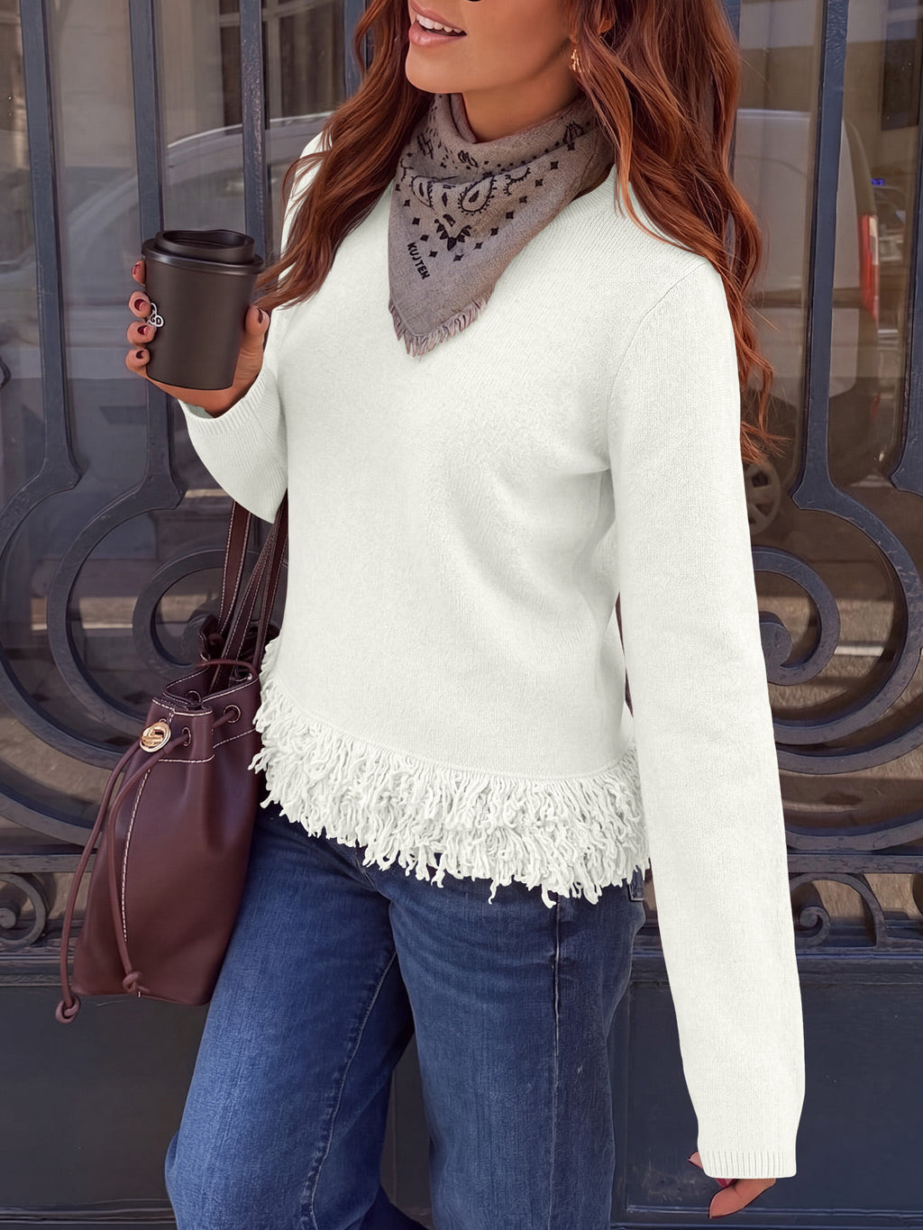 usvara Women Boho Fringe Knit Sweater