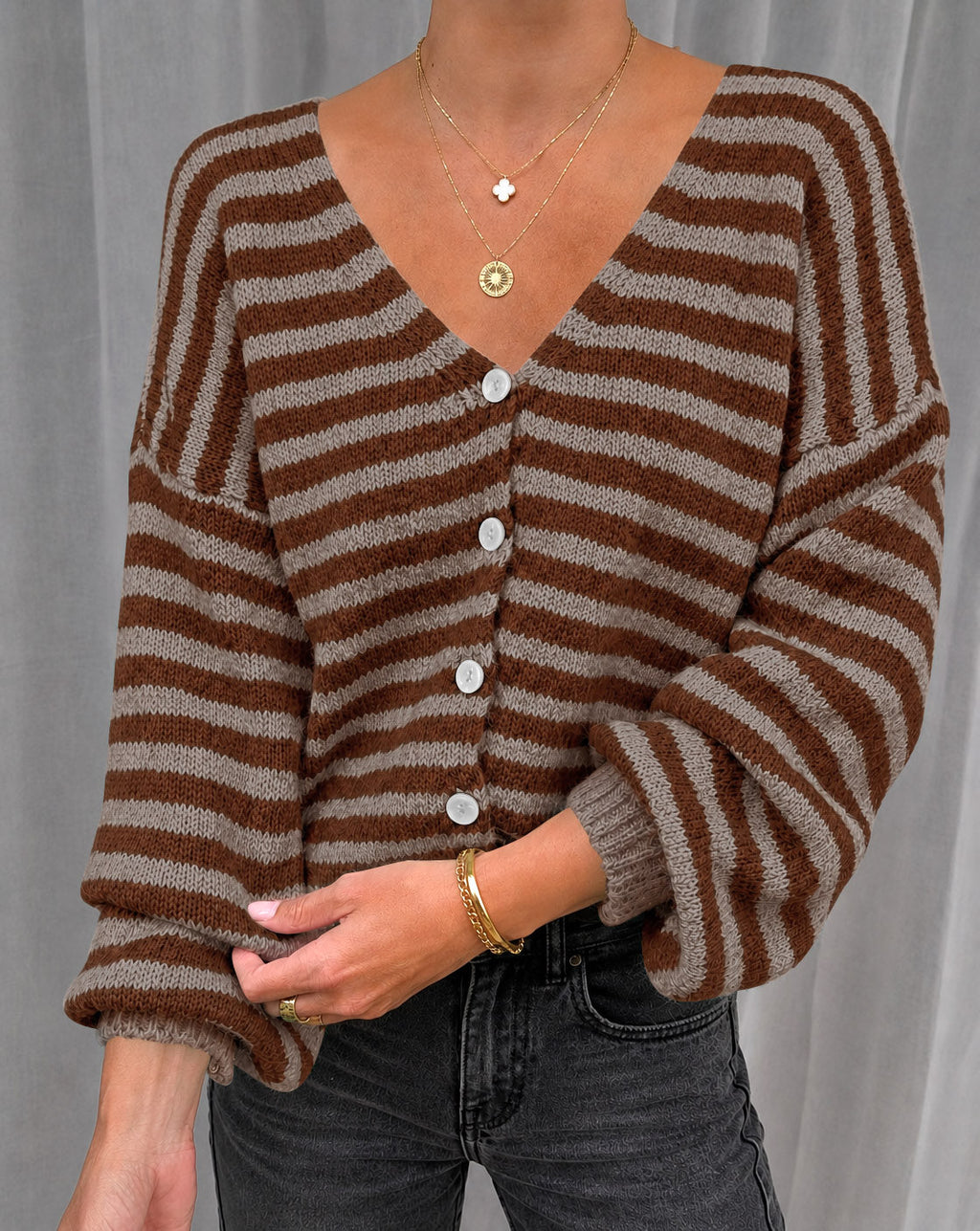 usvara Women Striped V-Neck Knit Cardigan Sweater