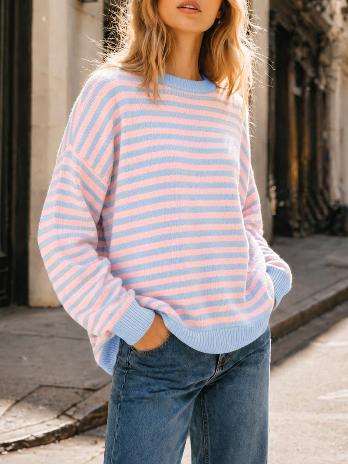usvara Women Oversized Striped Crew Neck Pullover Sweater