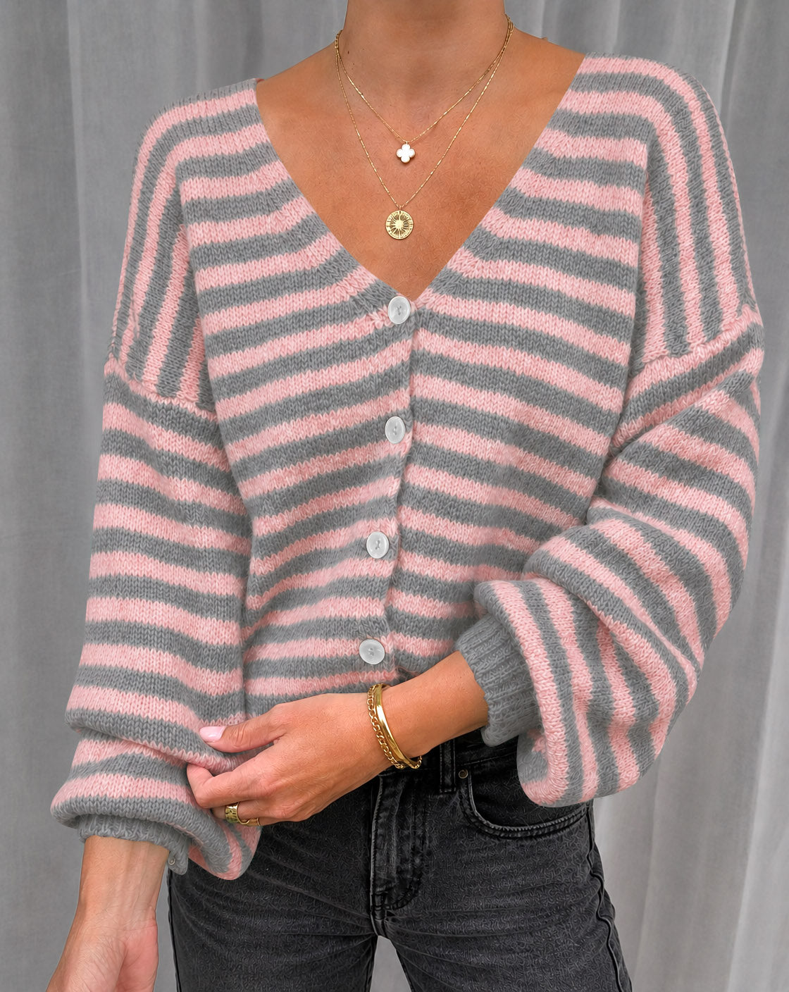 usvara Women Striped V-Neck Knit Cardigan Sweater