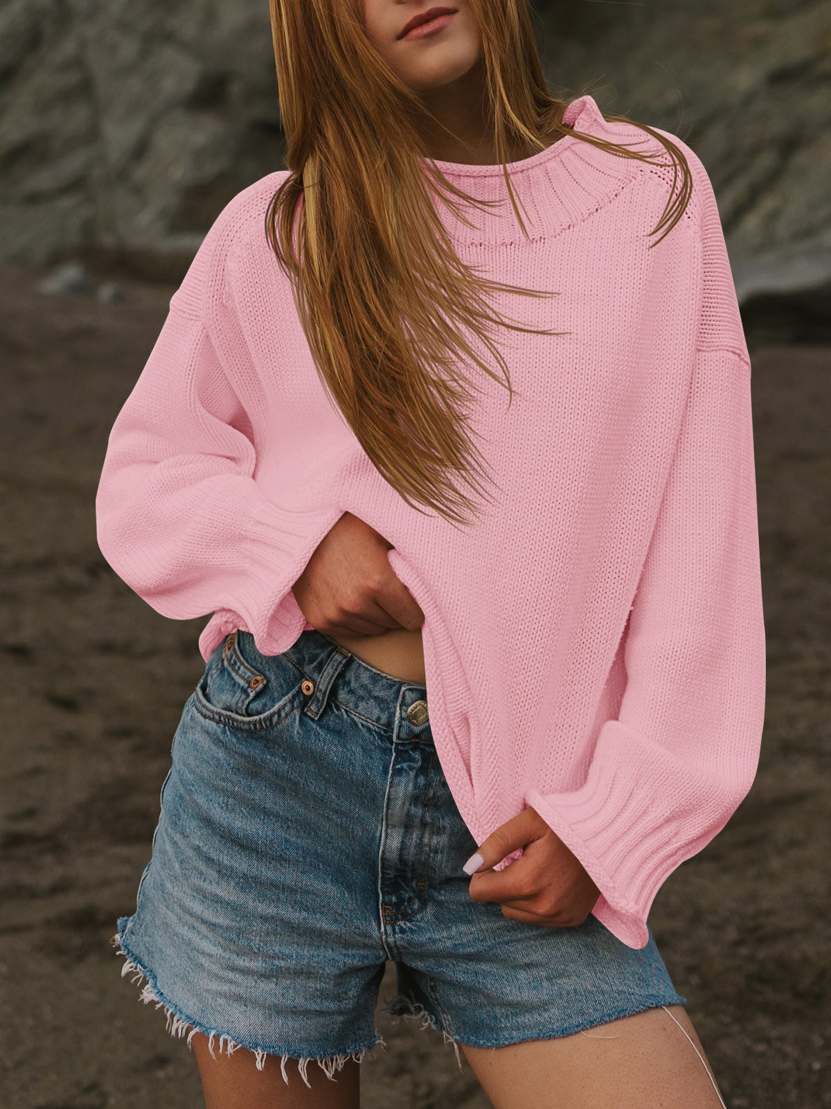 usvara Women Mock Neck Chunky Knit Tops
