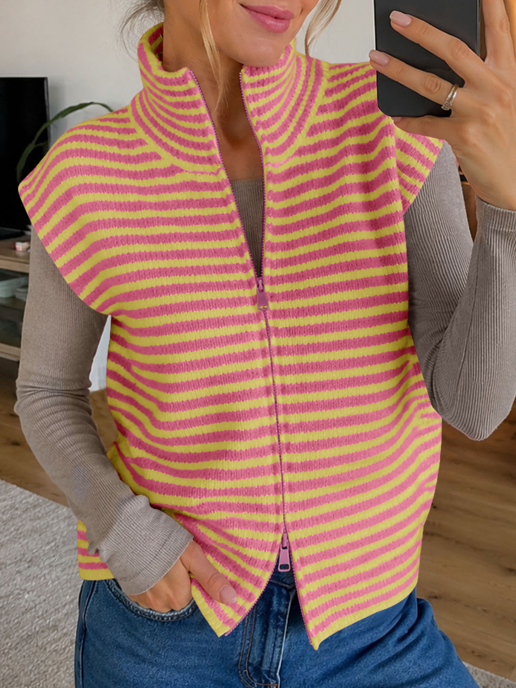 usvara Women Striped Zip Up Knit Cardigan