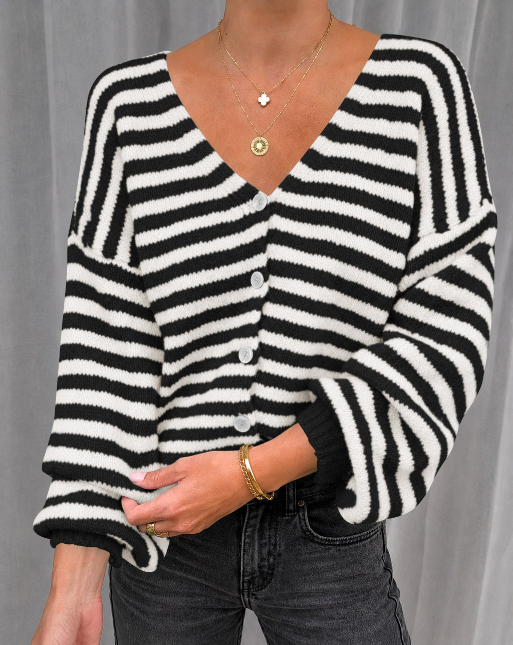usvara Women Striped V-Neck Knit Cardigan Sweater