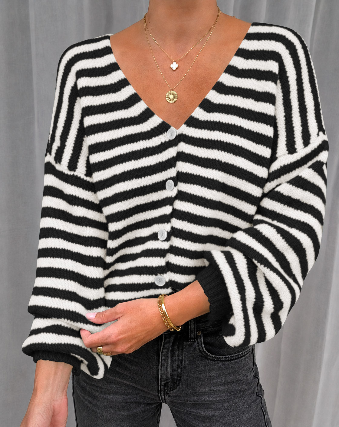 usvara Women Striped V-Neck Knit Cardigan Sweater
