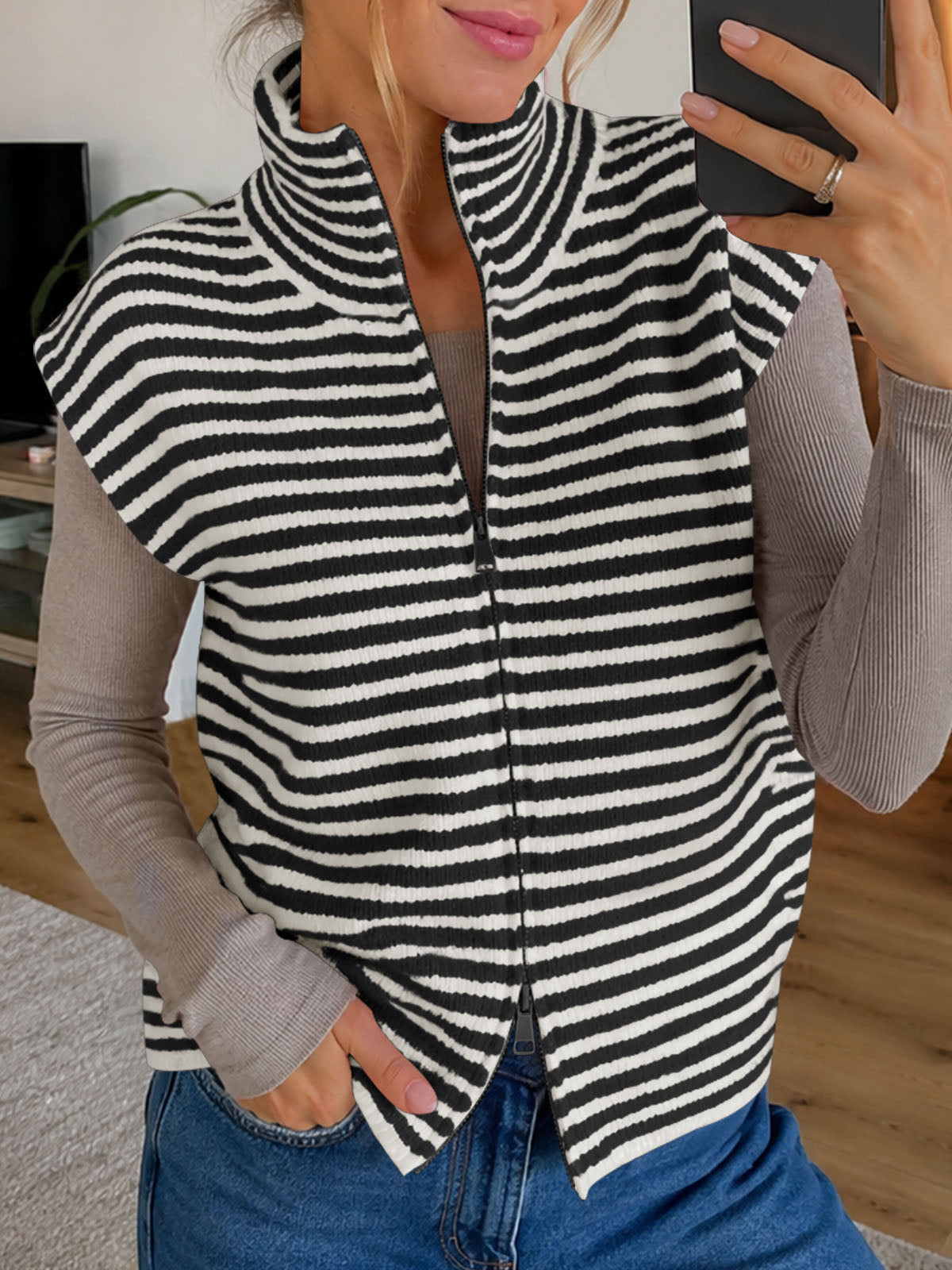 usvara Women Striped Zip Up Knit Cardigan