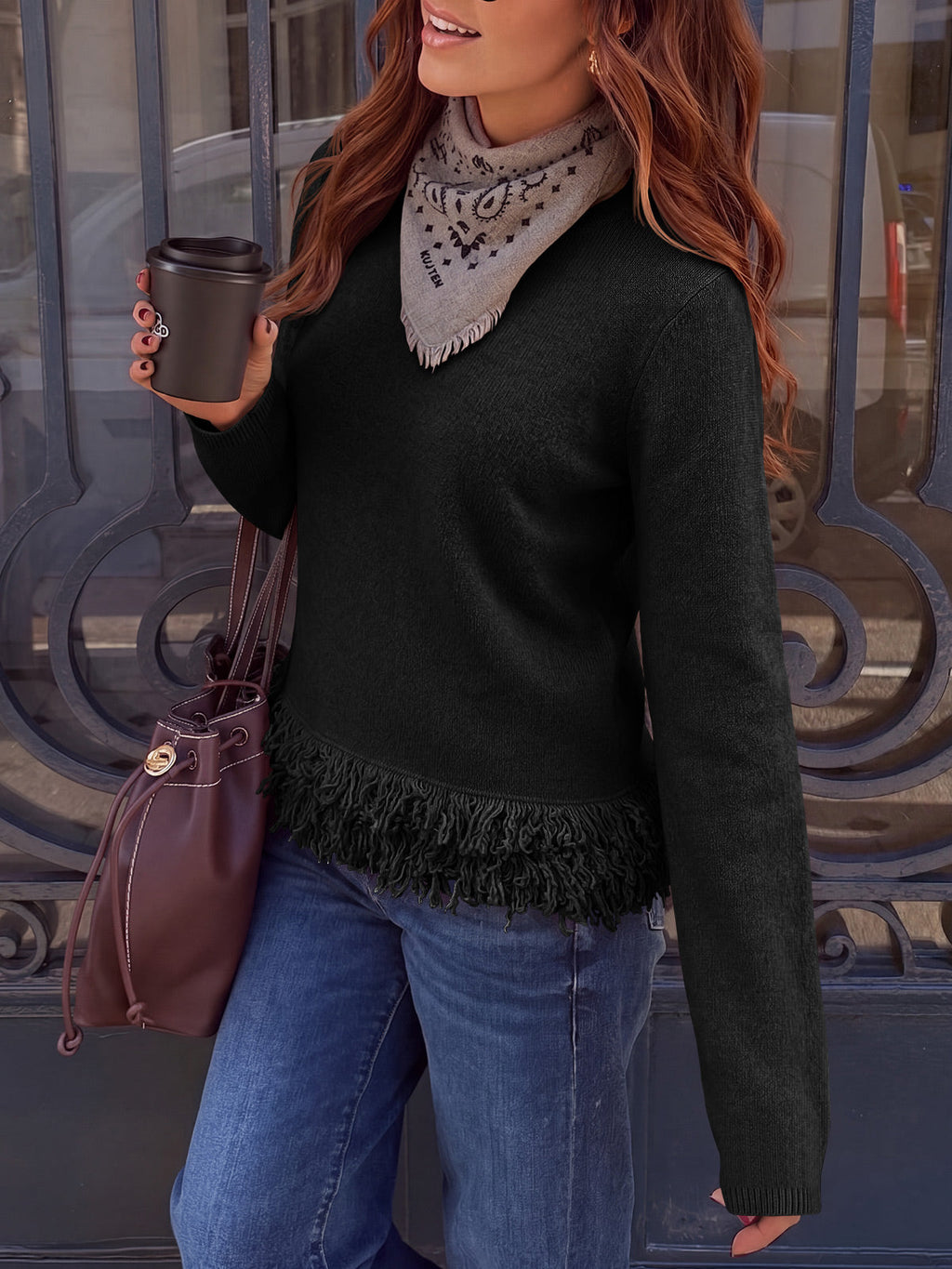 usvara Women Boho Fringe Knit Sweater