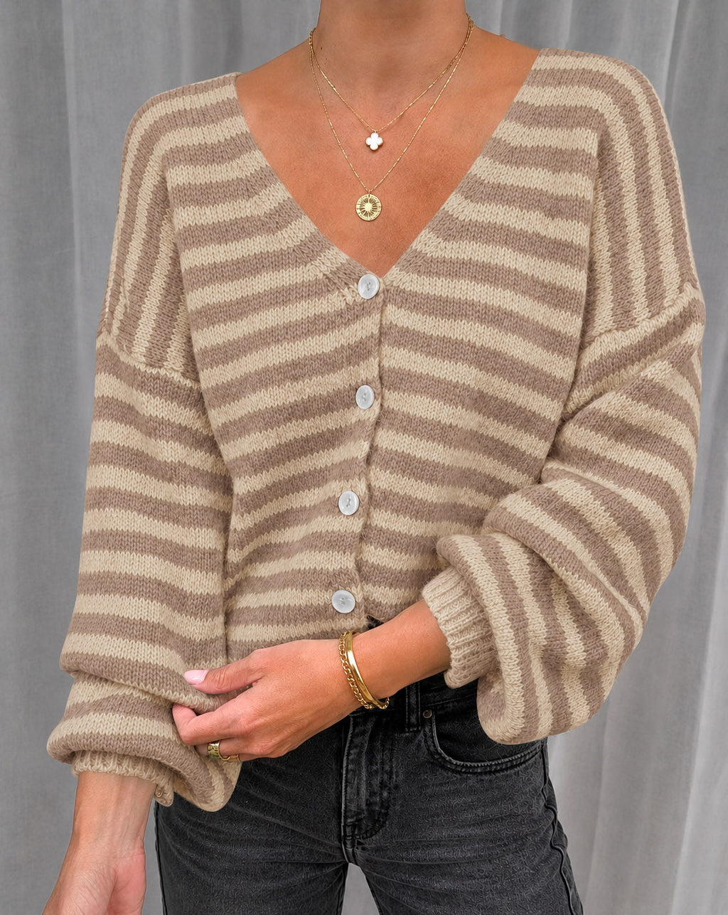 usvara Women Striped V-Neck Knit Cardigan Sweater
