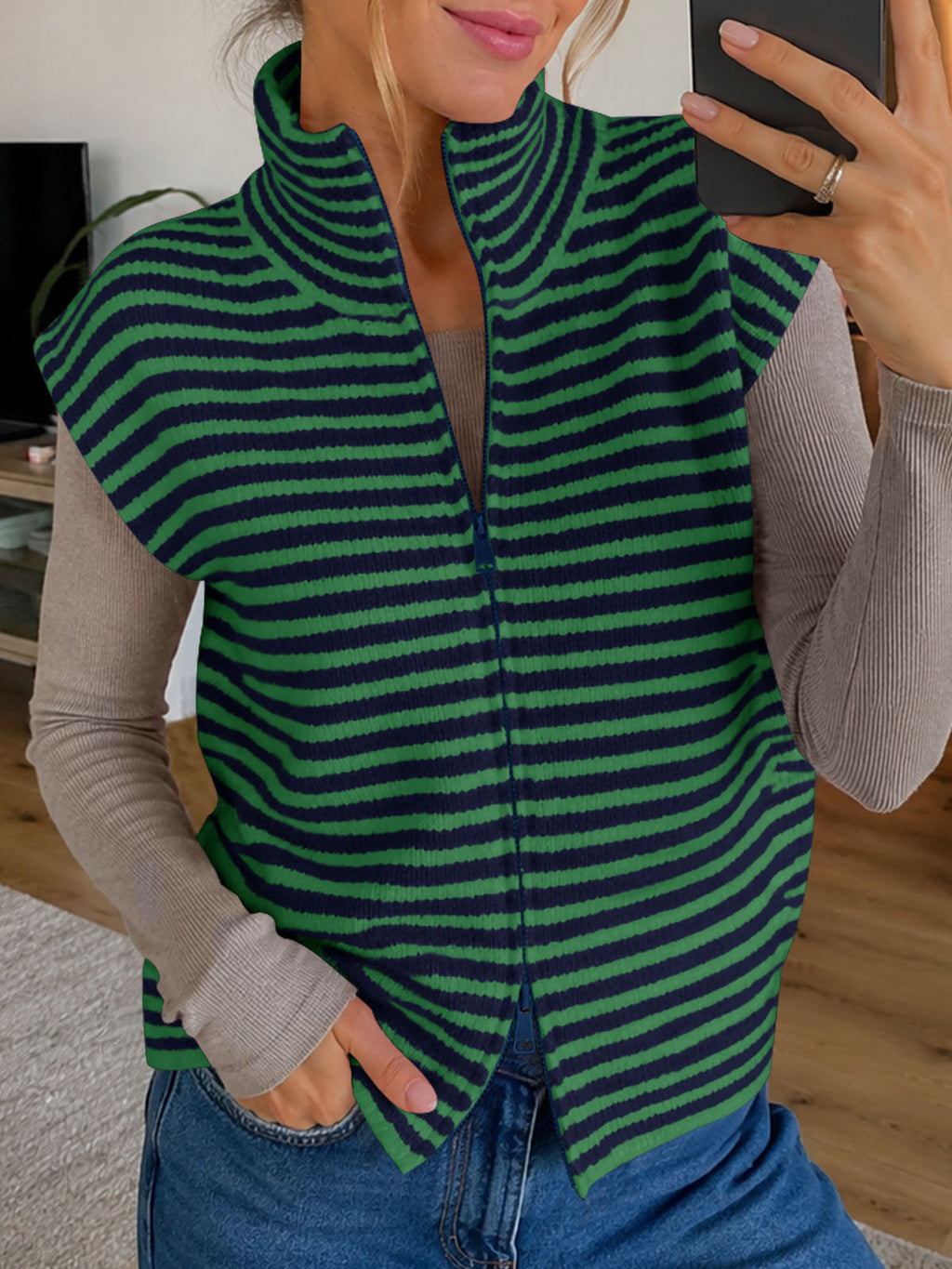 usvara Women Striped Zip Up Knit Cardigan
