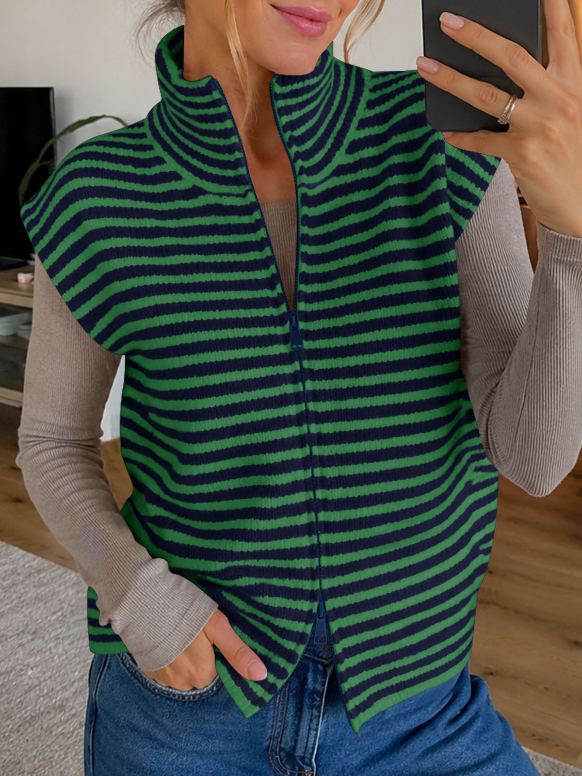 usvara Women Striped Zip Up Knit Cardigan