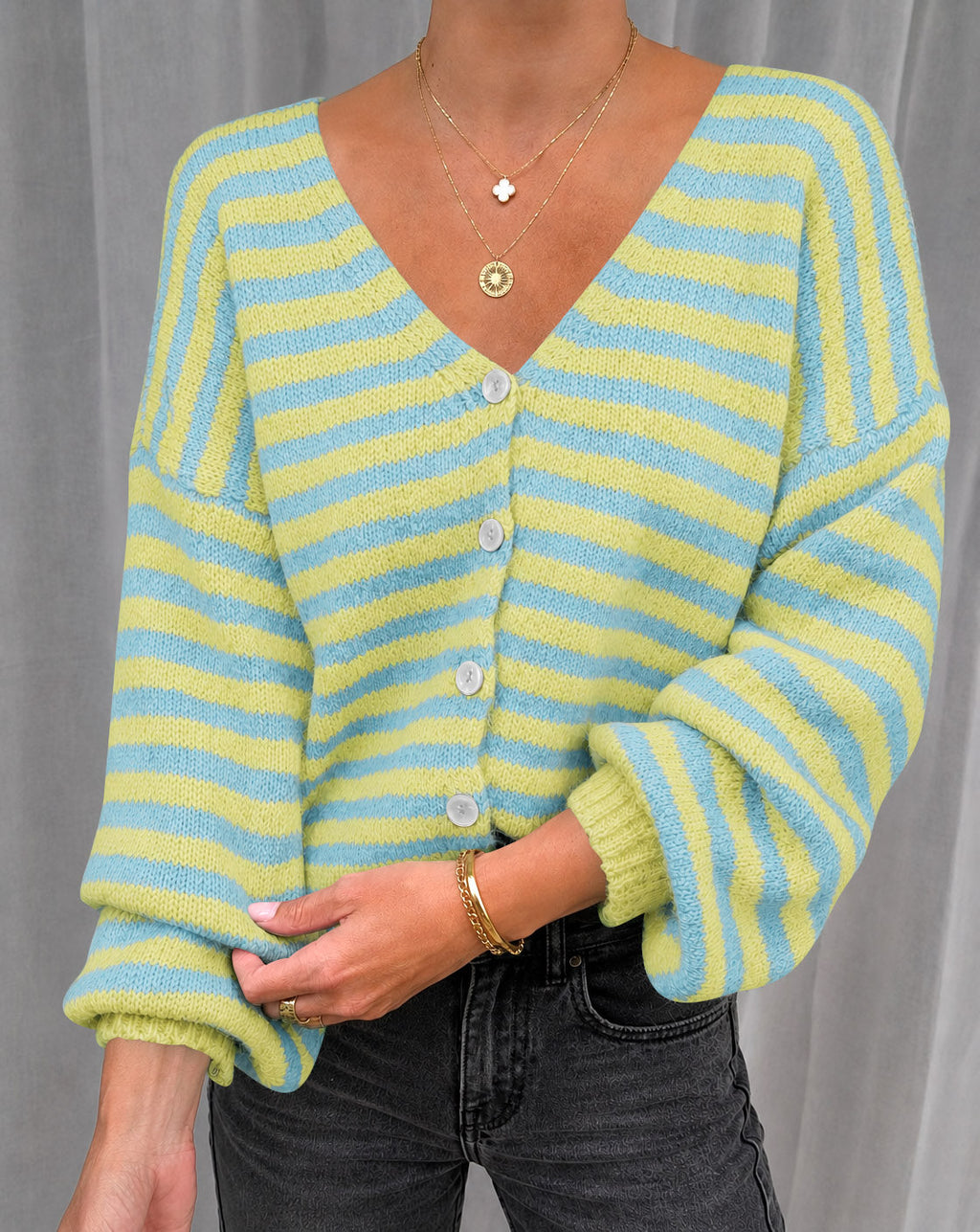 usvara Women Striped V-Neck Knit Cardigan Sweater