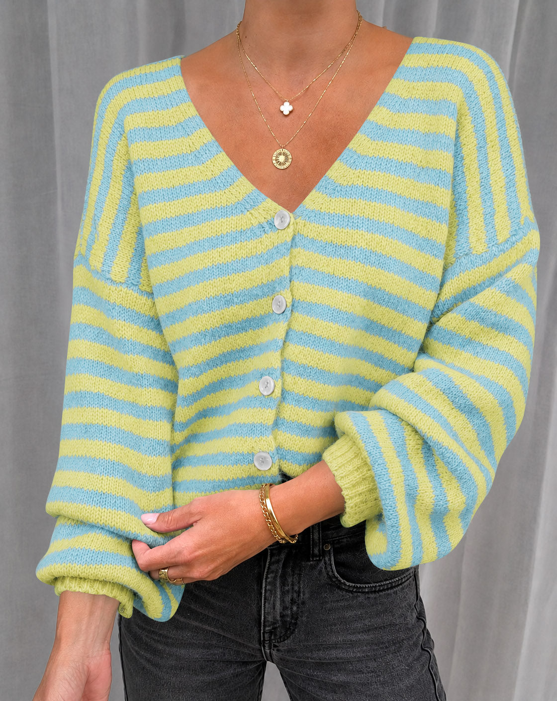 usvara Women Striped V-Neck Knit Cardigan Sweater